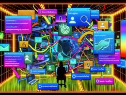 Überladener digitaler Arbeitsplatz voller sich überlappender Browserfenster, Code, Analytics-Dashboards und Popups, mit einem frustrierten Marketer, der eine chaotische Karte zur Nutzerverfolgung betrachtet.