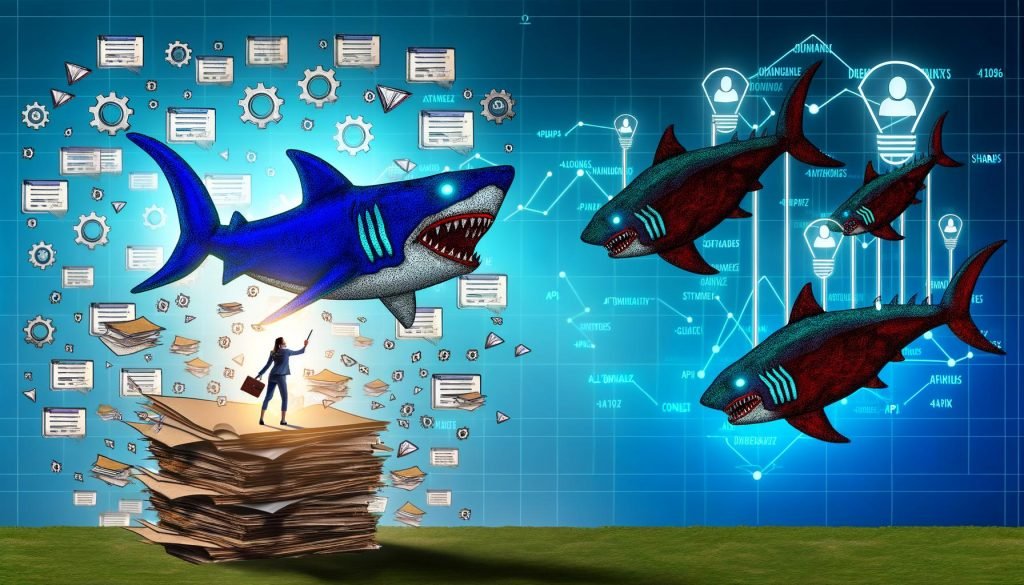 Illustration eines Marketers mit Papier und Word-Dokumenten kämpfend im digitalen Haifischbecken, umgeben von bedrohlichen, stilisierten KI-Haien und schwebenden Content-Blöcken