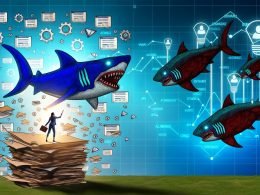 Illustration eines Marketers mit Papier und Word-Dokumenten kämpfend im digitalen Haifischbecken, umgeben von bedrohlichen, stilisierten KI-Haien und schwebenden Content-Blöcken