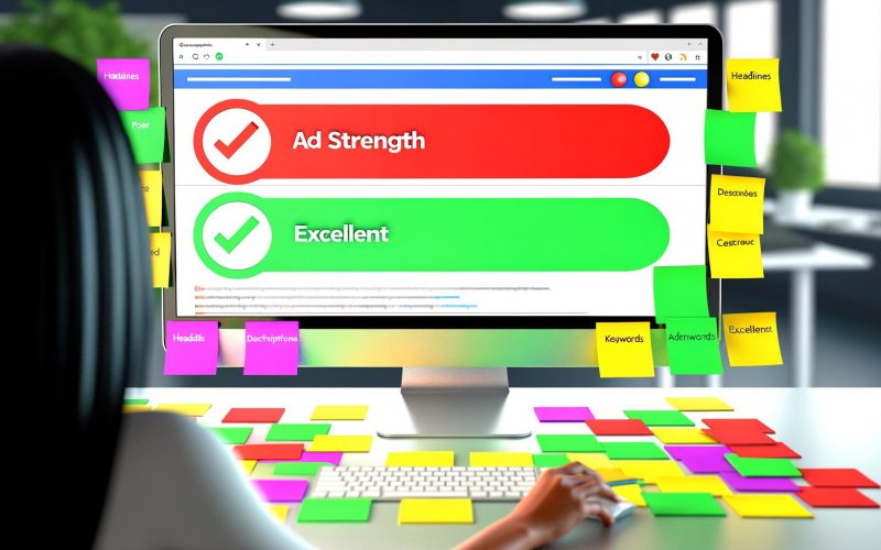 Google Ads Interface mit Ad Strength Bewertung von rot bis grün auf einem Bildschirm, umgeben von bunten Notizzetteln zu Headlines, Beschreibungen, Keywords und Assets, dazu ein fokussierter Marketingprofi bei der Anzeigenerstellung.