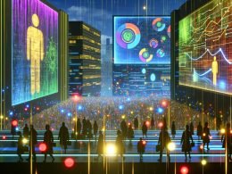 Cyberpunk-Stadt mit riesigen Leuchttafeln, Hologrammen, bunten Datenströmen und Silhouetten, eine Figur beleuchtet einen goldenen Datenfaden