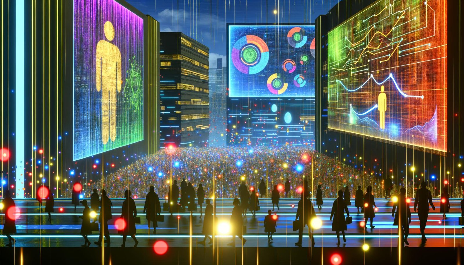 Cyberpunk-Stadt mit riesigen Leuchttafeln, Hologrammen, bunten Datenströmen und Silhouetten, eine Figur beleuchtet einen goldenen Datenfaden