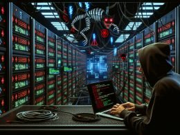 SEO-Experte im Hoodie arbeitet an Laptop vor futuristischem Server-Rack, während ein digitaler Algorithmus in Raubtierform im Maschinenraum schwebt