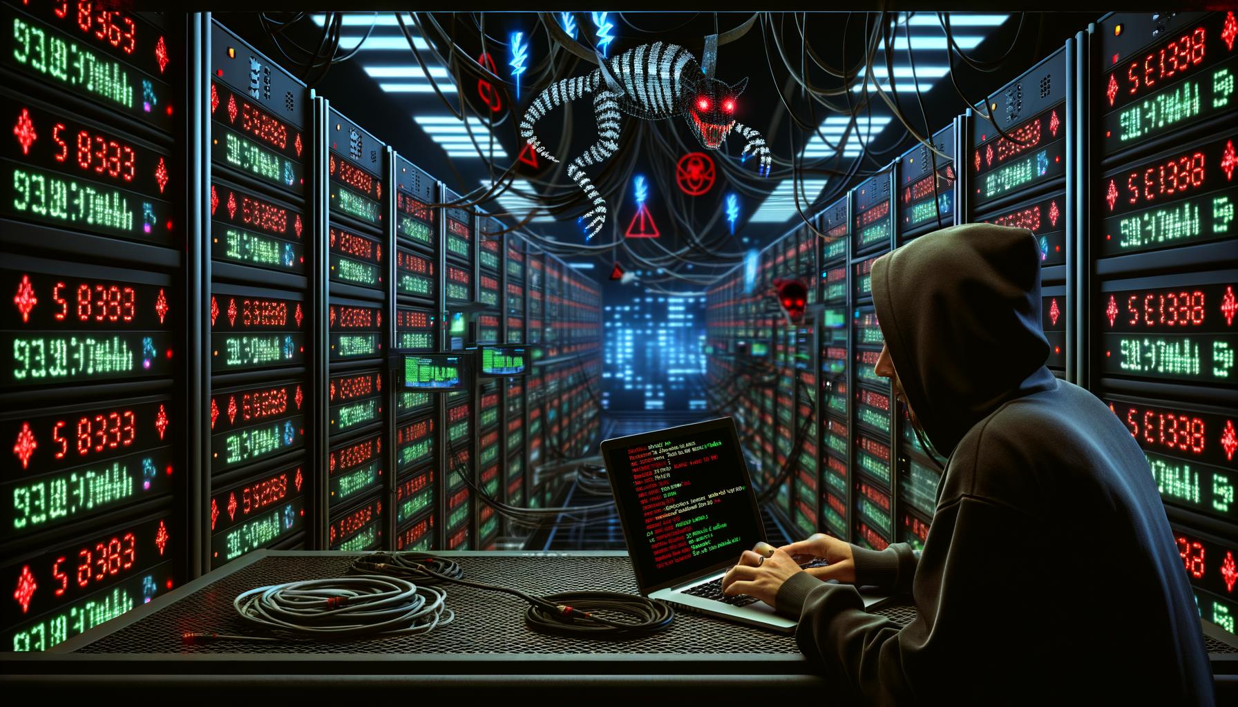 SEO-Experte im Hoodie arbeitet an Laptop vor futuristischem Server-Rack, während ein digitaler Algorithmus in Raubtierform im Maschinenraum schwebt
