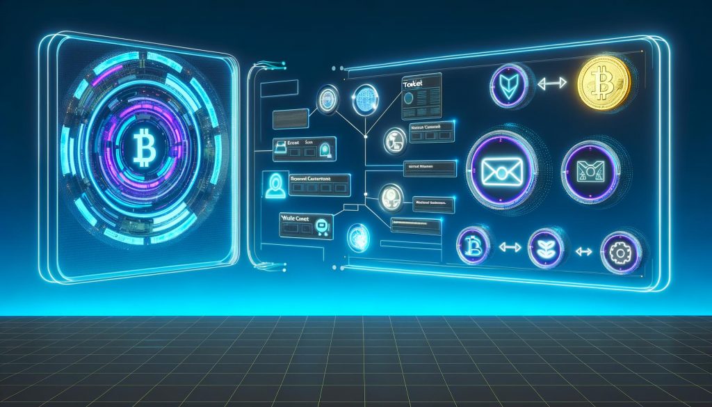 Futuristischer Arbeitsplatz mit digitaler Blockchain-Ledger, schwebendem Notion-Dashboard und integriertem E-Commerce-Shop, verbunden durch Datenströme und Smart Contracts.