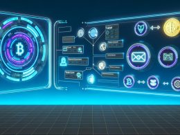 Futuristischer Arbeitsplatz mit digitaler Blockchain-Ledger, schwebendem Notion-Dashboard und integriertem E-Commerce-Shop, verbunden durch Datenströme und Smart Contracts.