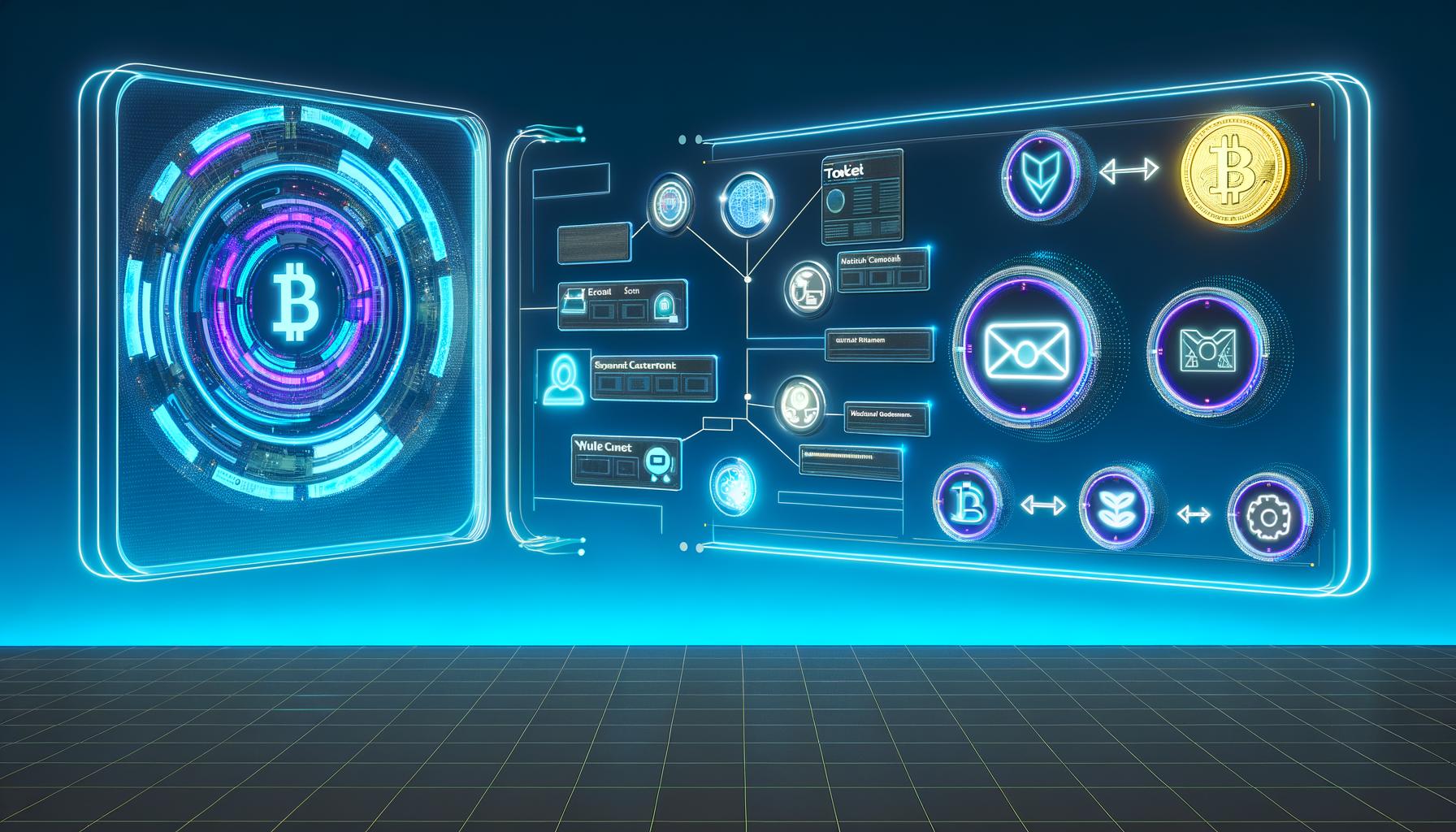 Futuristischer Arbeitsplatz mit digitaler Blockchain-Ledger, schwebendem Notion-Dashboard und integriertem E-Commerce-Shop, verbunden durch Datenströme und Smart Contracts.