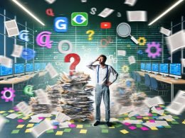 Chaotisches Büro mit überforderten Content-Manager zwischen Papierstapeln, Notizen und digitalen Symbolen von Google, Social Media und SEO.