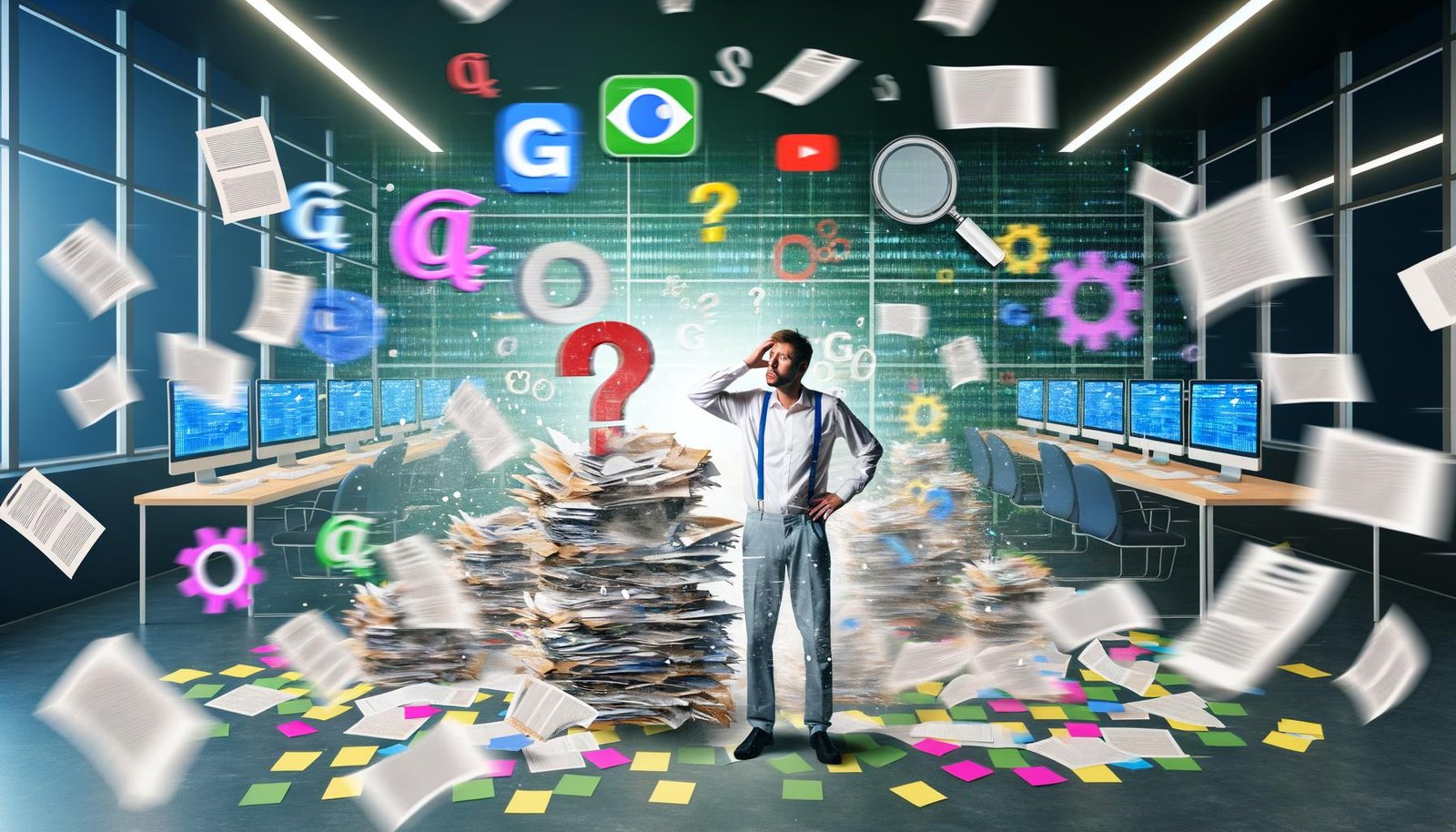 Chaotisches Büro mit überforderten Content-Manager zwischen Papierstapeln, Notizen und digitalen Symbolen von Google, Social Media und SEO.
