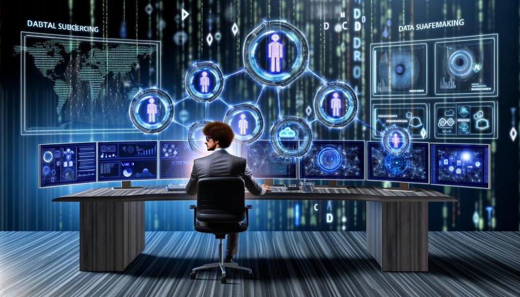 Digitaler Marketer arbeitet in modernem Büro an Multimonitoren mit holografischen Analytics-Dashboards, die vernetzte Nutzerreisen und Datenschutz zeigen.
