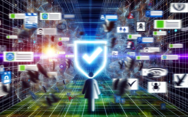 Digitaler Werbedschungel mit Netzwerken aus Datenströmen, Bannerwerbung, menschlichen und Bot-Silhouetten sowie einem leuchtenden digitalen Schutzschild, der schädliche Symbole abwehrt.