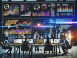 Dynamisches, diverses Team aus Marketern und Data Scientists analysiert große Datensätze auf Monitoren mit bunten Diagrammen, Dashboards und Heatmaps in einem modernen Büro.