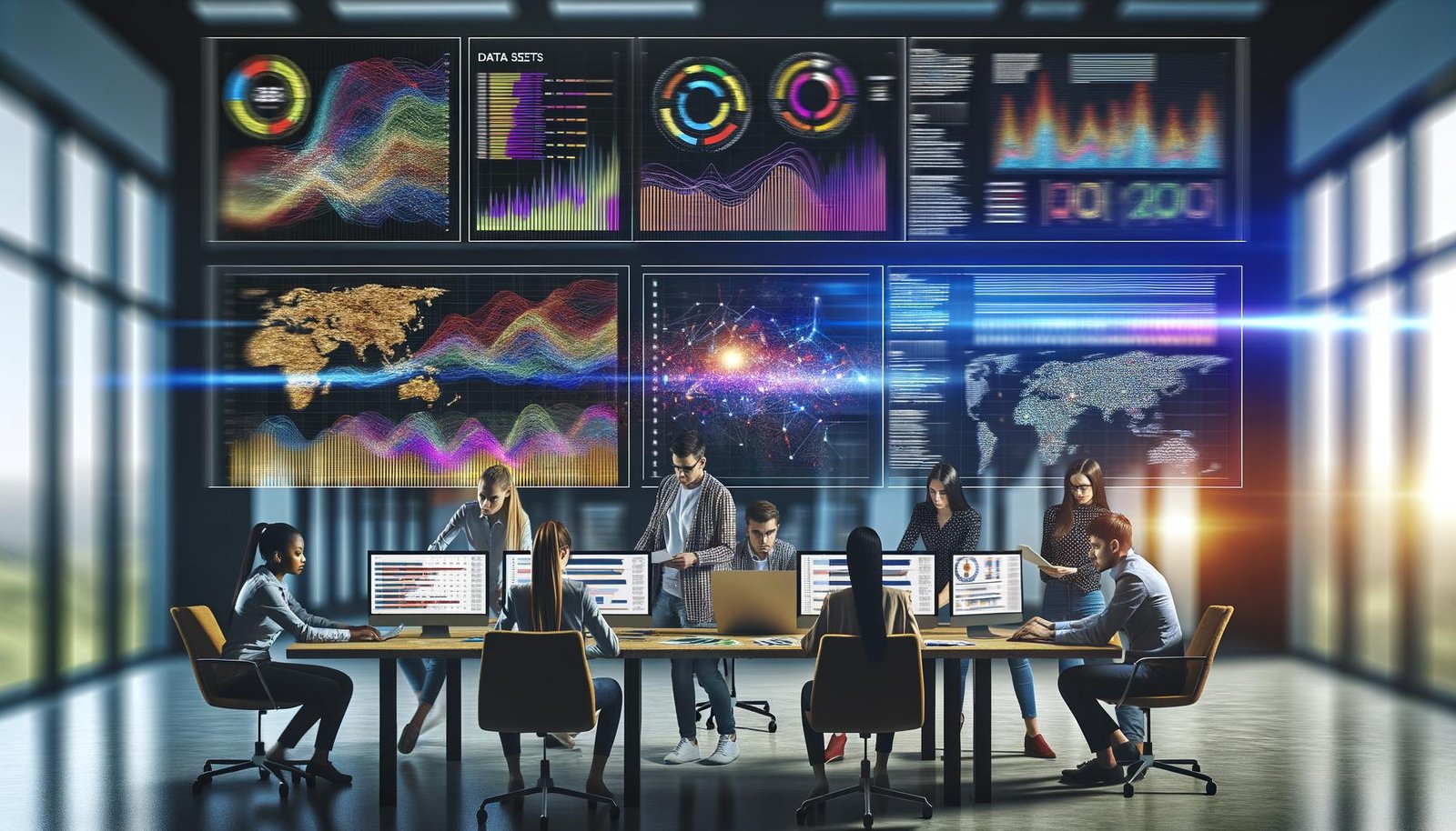 Dynamisches, diverses Team aus Marketern und Data Scientists analysiert große Datensätze auf Monitoren mit bunten Diagrammen, Dashboards und Heatmaps in einem modernen Büro.