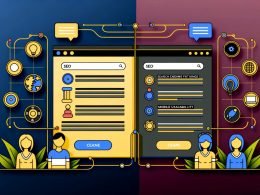 Illustration einer Split-Screen-Website: links moderne User Experience mit übersichtlichem Design und klaren Buttons, rechts SEO-Elemente wie Suchmaschinenbots, Google-Ranking-Chart und technische Symbole, verbunden durch eine goldene Kette.