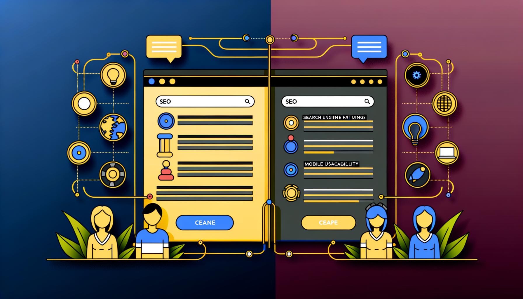 Illustration einer Split-Screen-Website: links moderne User Experience mit übersichtlichem Design und klaren Buttons, rechts SEO-Elemente wie Suchmaschinenbots, Google-Ranking-Chart und technische Symbole, verbunden durch eine goldene Kette.