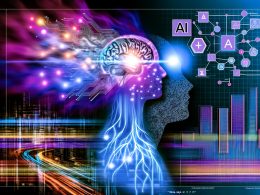 Abstrahierter Mensch mit halbtransparentem, leuchtendem Synapsen-Netzwerk im Kopf vor einer futuristischen Großstadt aus Datenströmen, neuronalen Netzwerken und KI-Symbolen in Blau, Violett und Neon-Orange.