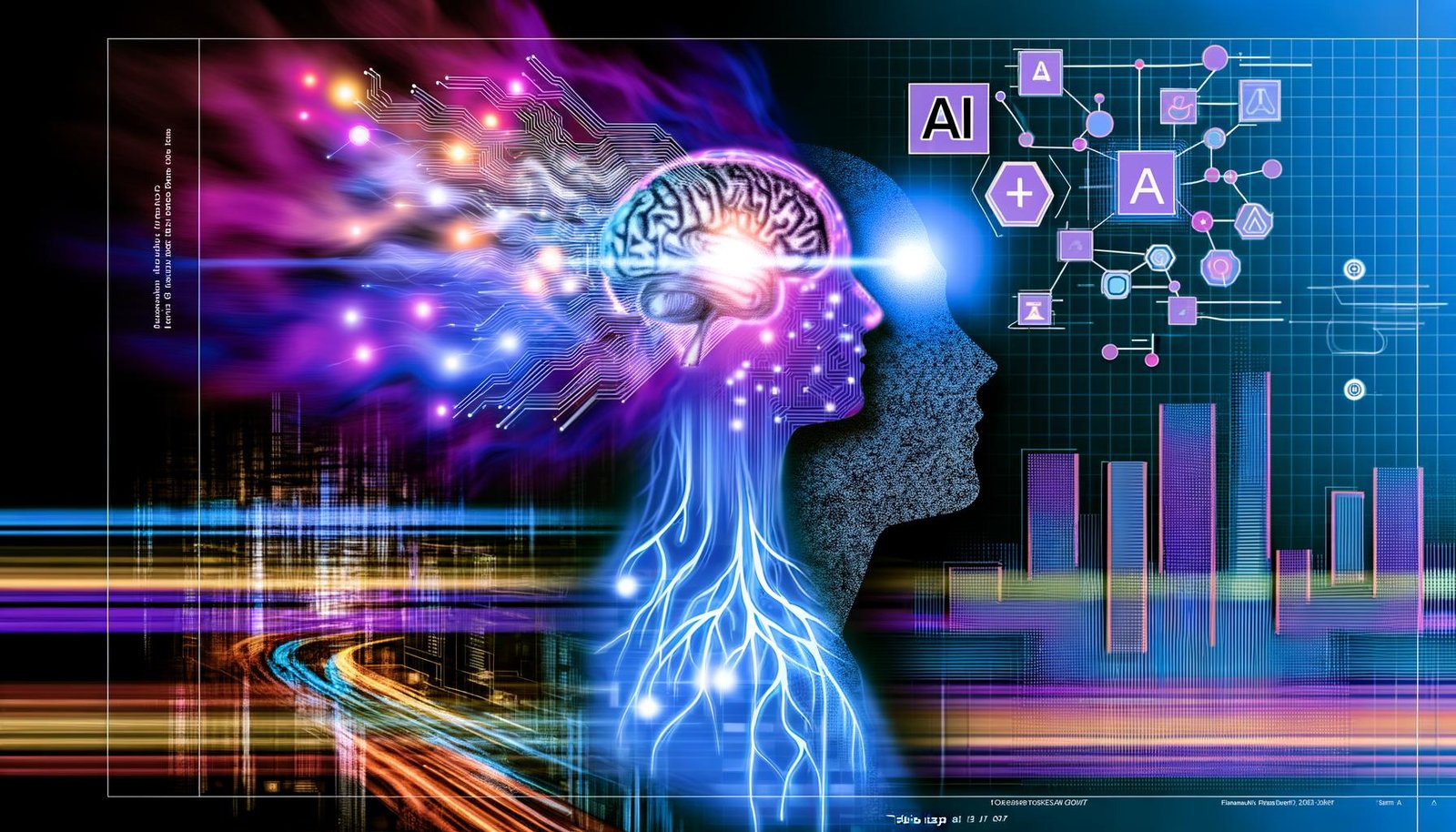 Abstrahierter Mensch mit halbtransparentem, leuchtendem Synapsen-Netzwerk im Kopf vor einer futuristischen Großstadt aus Datenströmen, neuronalen Netzwerken und KI-Symbolen in Blau, Violett und Neon-Orange.