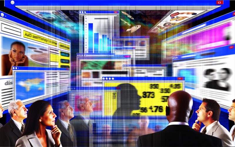 Digitale Collage mit Webbrowser voller Bannerwerbung, nur sichtbare Ads leuchten, Geschäftsleute analysieren Daten, Hintergrund mit verzerrten Zählern.