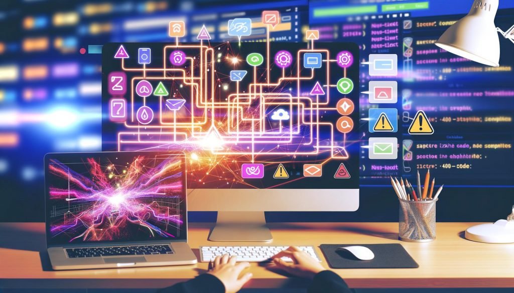 Moderner Arbeitsplatz mit mehreren Monitoren, sichtbaren App-Icons von Google, Slack, HubSpot, Make und n8n, verbunden durch digitale Linien. Im Fokus ein offener Zapier-Workflow mit Filtern, Multi-Step-Pfaden und Warnsymbolen; technischer, lichtdurchfluteter Hintergrund mit Diagrammen und verschlüsseltem Code.