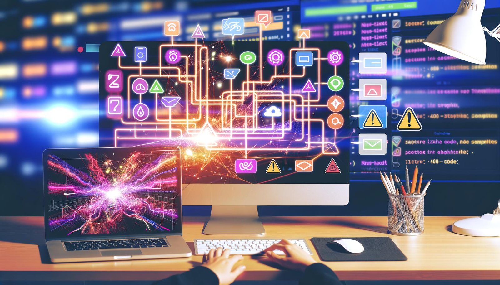 Moderner Arbeitsplatz mit mehreren Monitoren, sichtbaren App-Icons von Google, Slack, HubSpot, Make und n8n, verbunden durch digitale Linien. Im Fokus ein offener Zapier-Workflow mit Filtern, Multi-Step-Pfaden und Warnsymbolen; technischer, lichtdurchfluteter Hintergrund mit Diagrammen und verschlüsseltem Code.