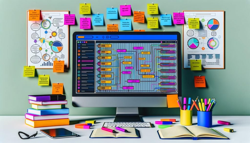 Heller, moderner Schreibtisch mit Computer, auf dem ein digitaler Content-Planer sichtbar ist, umgeben von Notizbüchern, bunten Markierungen, Fachbüchern zu SEO und Content-Marketing, Smartphone mit Keyword-Analyse-App, Kaffee und Post-its mit Content-Ideen.