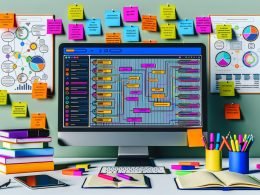 Heller, moderner Schreibtisch mit Computer, auf dem ein digitaler Content-Planer sichtbar ist, umgeben von Notizbüchern, bunten Markierungen, Fachbüchern zu SEO und Content-Marketing, Smartphone mit Keyword-Analyse-App, Kaffee und Post-its mit Content-Ideen.