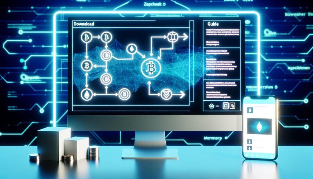 Futuristischer Arbeitsplatz mit Monitor, der ein Notion-Dashboard mit Krypto-Wallet-Flowchart und Automatisierungsapps zeigt, Smartphone mit geöffnetem Wallet, digitale Produkticons und digitale blaue Beleuchtung.