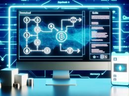 Futuristischer Arbeitsplatz mit Monitor, der ein Notion-Dashboard mit Krypto-Wallet-Flowchart und Automatisierungsapps zeigt, Smartphone mit geöffnetem Wallet, digitale Produkticons und digitale blaue Beleuchtung.