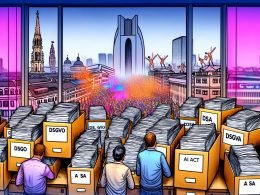 Junge, frustrierte europäische Start-up-Gründer sitzen in einem überfüllten Büro zwischen Papierstapeln und Aktenordnern mit Aufschriften wie DSGVO, DSA und AI Act, während im Hintergrund eine graue Brüsseler Skyline und innovative, lebendige Tech-Hubs wie Silicon Valley und asiatische Städte zu sehen sind.