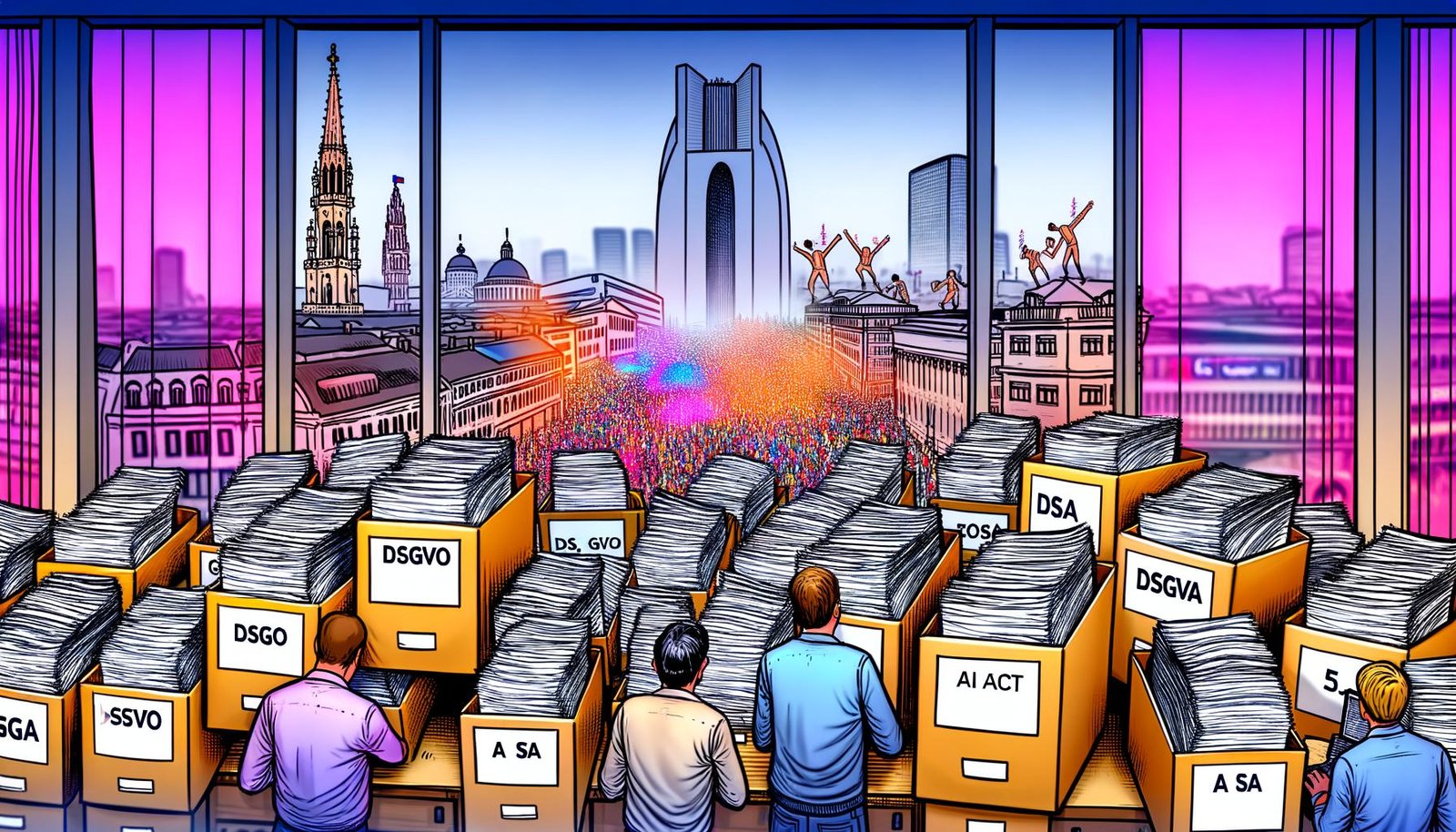 Junge, frustrierte europäische Start-up-Gründer sitzen in einem überfüllten Büro zwischen Papierstapeln und Aktenordnern mit Aufschriften wie DSGVO, DSA und AI Act, während im Hintergrund eine graue Brüsseler Skyline und innovative, lebendige Tech-Hubs wie Silicon Valley und asiatische Städte zu sehen sind.