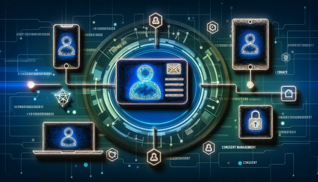 Futuristische Illustration einer User ID-Karte, die digitale Datenströme zu mehreren Geräten wie Smartphone, Laptop, Tablet und Smartwatch synchronisiert. Im Hintergrund algorithmische Linien, Netzwerk-Icons und Symbole für Datenschutz und Consent-Management.