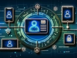 Futuristische Illustration einer User ID-Karte, die digitale Datenströme zu mehreren Geräten wie Smartphone, Laptop, Tablet und Smartwatch synchronisiert. Im Hintergrund algorithmische Linien, Netzwerk-Icons und Symbole für Datenschutz und Consent-Management.