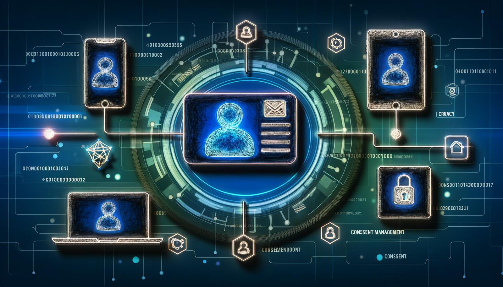 Futuristische Illustration einer User ID-Karte, die digitale Datenströme zu mehreren Geräten wie Smartphone, Laptop, Tablet und Smartwatch synchronisiert. Im Hintergrund algorithmische Linien, Netzwerk-Icons und Symbole für Datenschutz und Consent-Management.