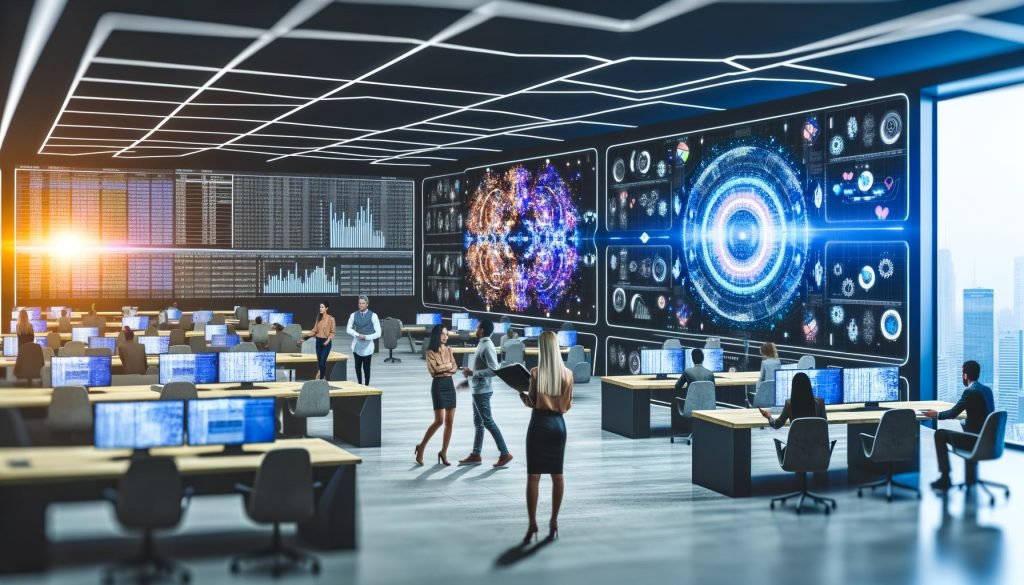 Futuristisches Büro mit diversen Teams, die Datenanalyse-Tools an riesigen Bildschirmen nutzen, nebeneinander alter Excel-Ausdruck und holografische Datenplattform