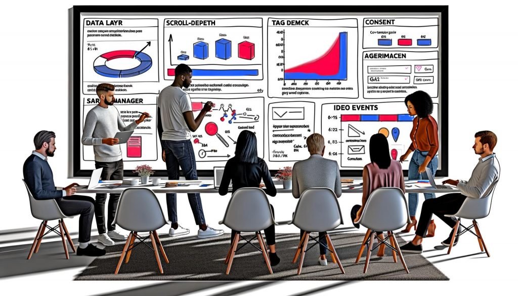 Team von Digital Marketers und Datenanalysten betrachtet im modernen Büro große Analytics-Dashboards mit Scroll-Heatmaps, Klickpfaden und Conversion-Ereignissen.