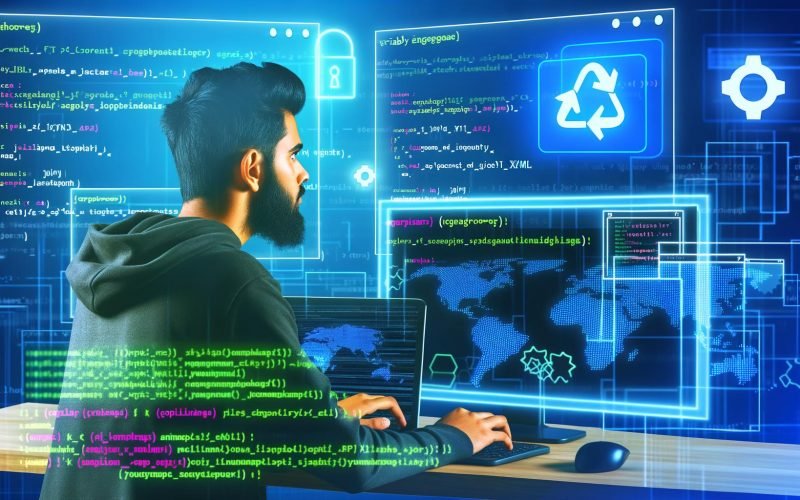 Illustration eines Entwicklers an mehreren Bildschirmen mit API-Code, Diagrammen und Google Ads-Logo, im Hintergrund digitale Vernetzungen.