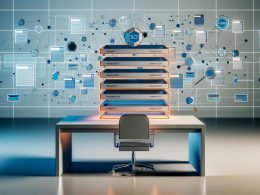 Digitales, modernes Büro mit mehreren schwebenden Bildschirmen, die strukturierte Daten, SEO-Icons, Headless CMS und API-Vernetzungen zeigen.