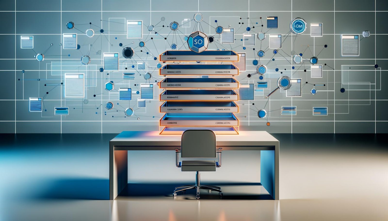 Digitales, modernes Büro mit mehreren schwebenden Bildschirmen, die strukturierte Daten, SEO-Icons, Headless CMS und API-Vernetzungen zeigen.