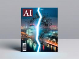 Geteilte Skyline mit links englischen 'AI'-Leuchtbuchstaben und rechts deutschen Tech-Elementen mit 'KI'. In der Mitte digitaler Nebel, dahinter Maschinen, neuronale Netze und Fachliteratur, durchzogen von einem dynamischen Schnitt.