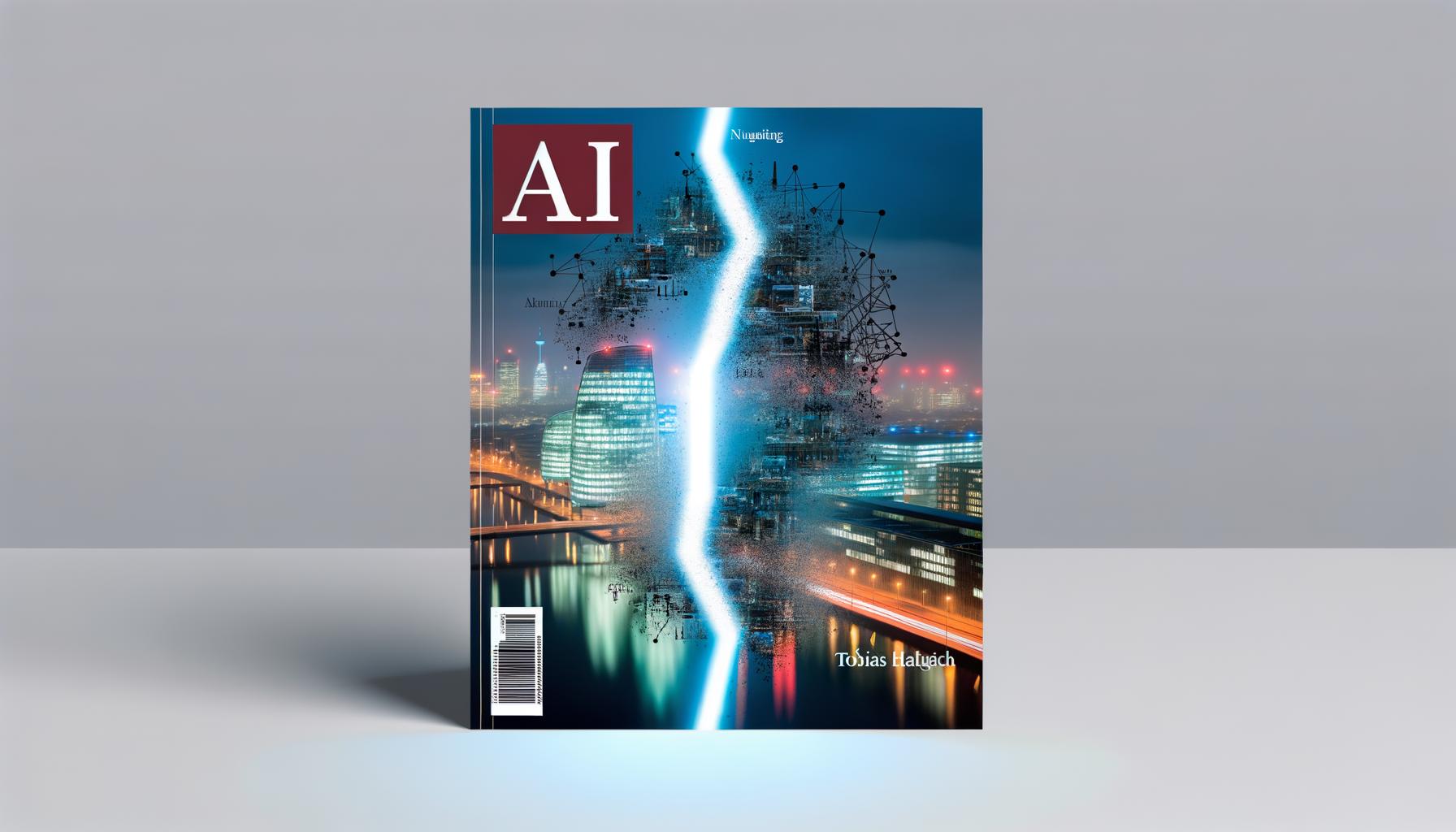 Geteilte Skyline mit links englischen 'AI'-Leuchtbuchstaben und rechts deutschen Tech-Elementen mit 'KI'. In der Mitte digitaler Nebel, dahinter Maschinen, neuronale Netze und Fachliteratur, durchzogen von einem dynamischen Schnitt.