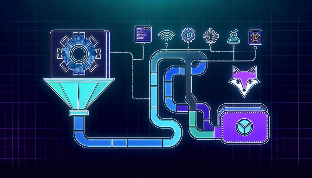 Moderne Illustration eines digitalen Payment-Funnels mit stilisiertem Notion-Logo, leuchtendem Metamask-Krypto-Wallet und Symbolen für Automatisierung, Blockchain, API und Onboarding.