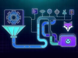 Moderne Illustration eines digitalen Payment-Funnels mit stilisiertem Notion-Logo, leuchtendem Metamask-Krypto-Wallet und Symbolen für Automatisierung, Blockchain, API und Onboarding.
