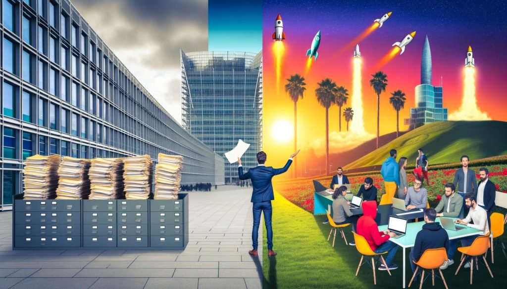 Satirische Split-Screen-Illustration: Links EU-Bürokraten mit Formularen vor Regierungsgebäude, rechts junge Start-up-Gründer unter Palmen im Silicon Valley.