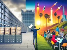 Satirische Split-Screen-Illustration: Links EU-Bürokraten mit Formularen vor Regierungsgebäude, rechts junge Start-up-Gründer unter Palmen im Silicon Valley.