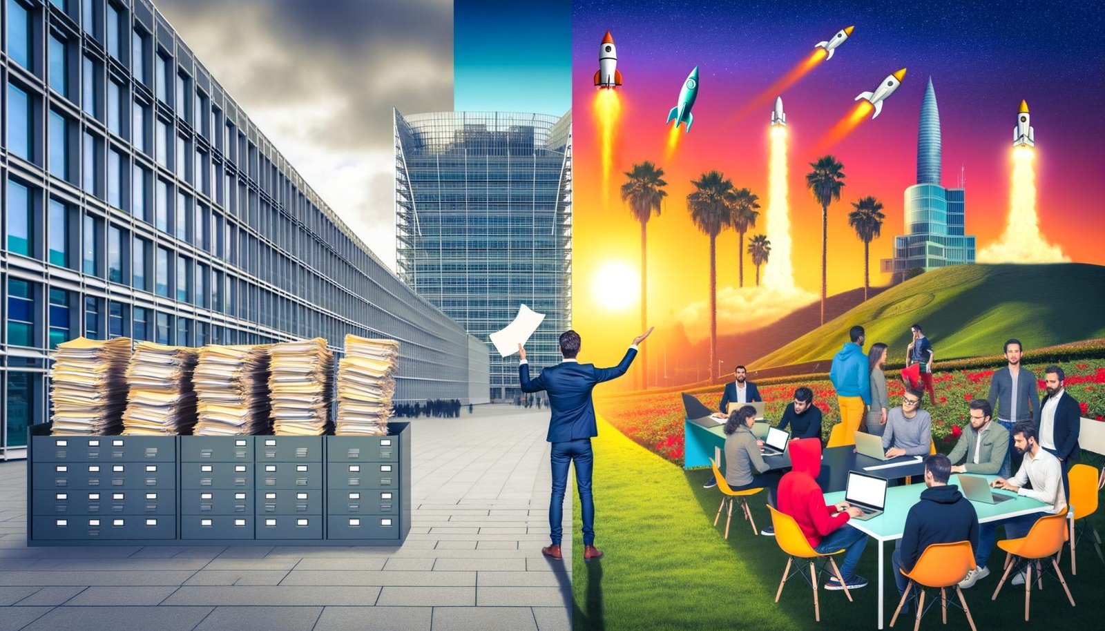 Satirische Split-Screen-Illustration: Links EU-Bürokraten mit Formularen vor Regierungsgebäude, rechts junge Start-up-Gründer unter Palmen im Silicon Valley.
