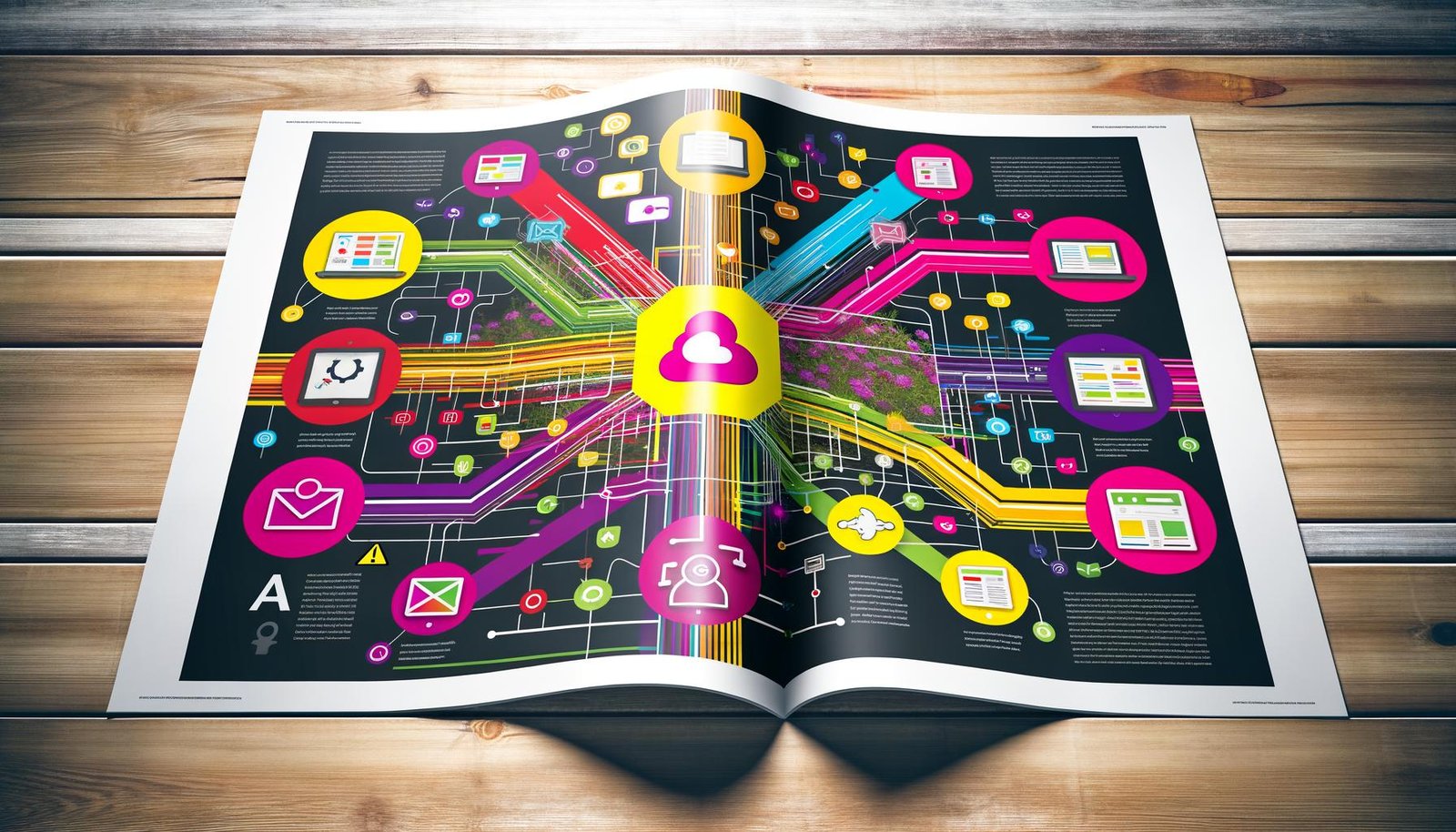 Doppelseitiges Magazinlayout mit zentralem leuchtenden Zapier-Logo, vernetzten App-Icons und farbigen Datenlinien auf modernem, technischem Hintergrund mit Datenströmen und kleinen Fehlerwarnungen.