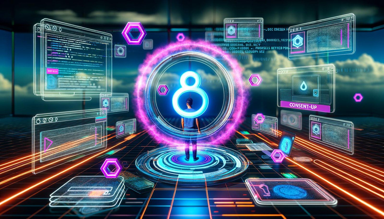 Futuristische Redaktionelle Illustration eines digitalen Marketers in moderner High-Tech-Arbeitsumgebung mit schwebenden Analyse-Dashboards, User-ID-Symbol und stilisierten Datenschutz-Hinweisen