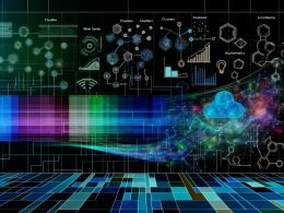 Moderne Datenvisualisierung mit farbigen Datenströmen, abstrakten Diagrammen, Algorithmusnetzwerken und UI-Elementen zu Machine Learning, E-Commerce und Predictive Analytics in Blau, Türkis und Neon.