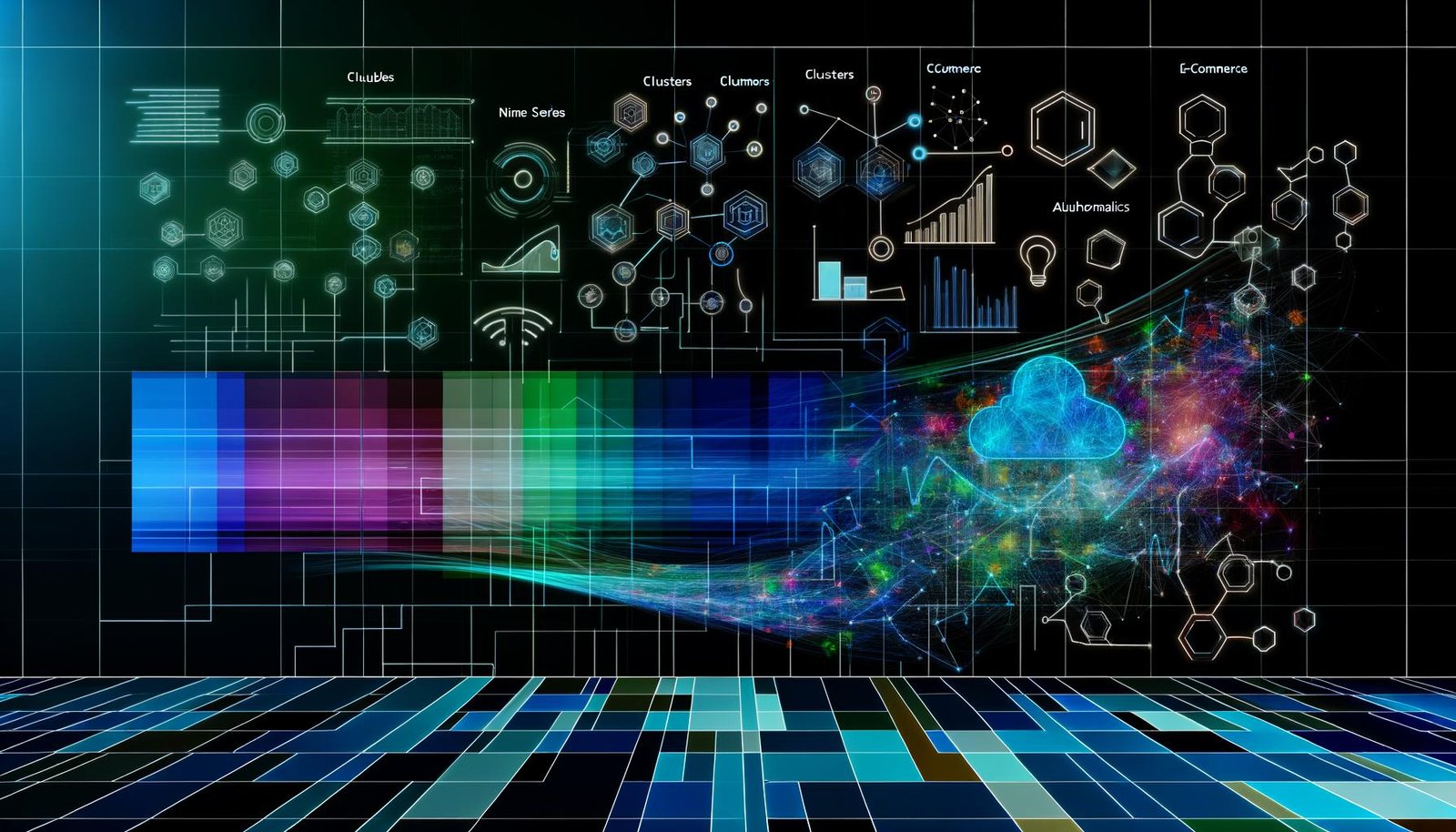 Moderne Datenvisualisierung mit farbigen Datenströmen, abstrakten Diagrammen, Algorithmusnetzwerken und UI-Elementen zu Machine Learning, E-Commerce und Predictive Analytics in Blau, Türkis und Neon.