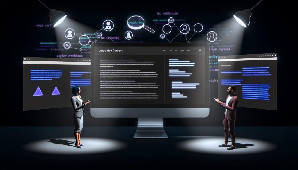 Minimalistische Webseite mit geöffnetem Accordion-Bereich und hervorgehobenen Keywords, während Googlebots im Hintergrund mit Lupe die Code-Struktur untersuchen und Fachleute über Nutzererlebnis und SEO diskutieren.
